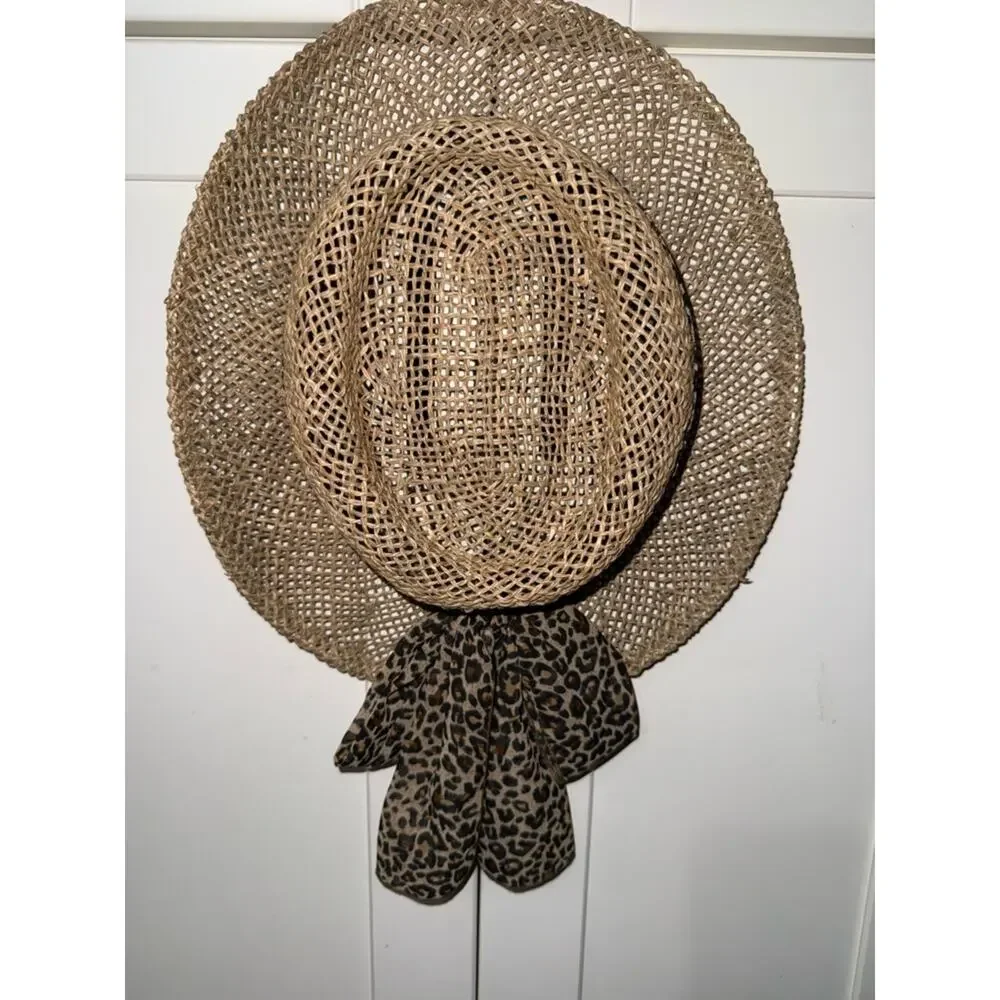 VINTAGE SCALA Natural seagrass straw gambler hat leopard print sash bow